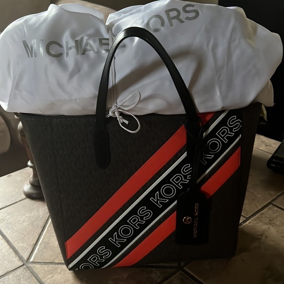 Michael Michael Kors Brown/Black/Orange Large Sinclair Logo Tape Tote - Picture 5 of 12